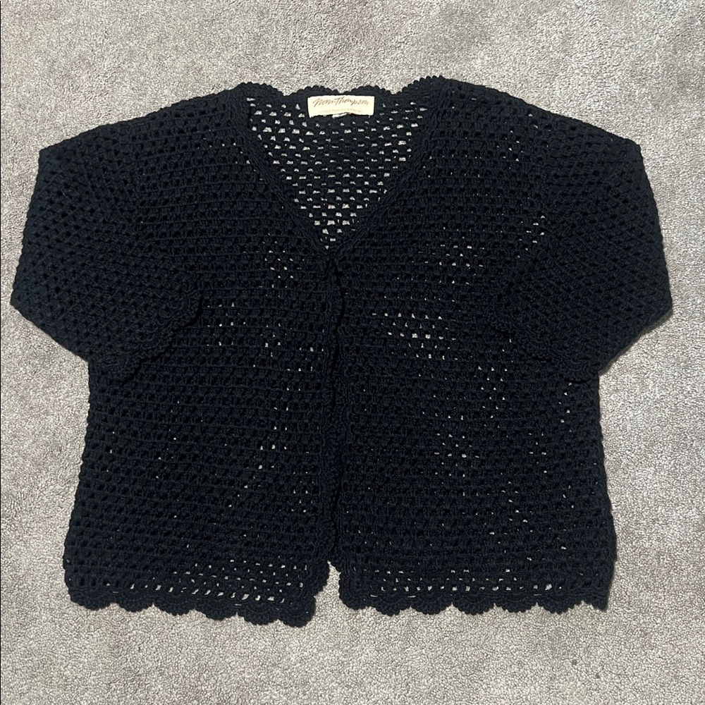 Norm Thompson Black Crochet Cardigan Sweater 3/4 Sleeve